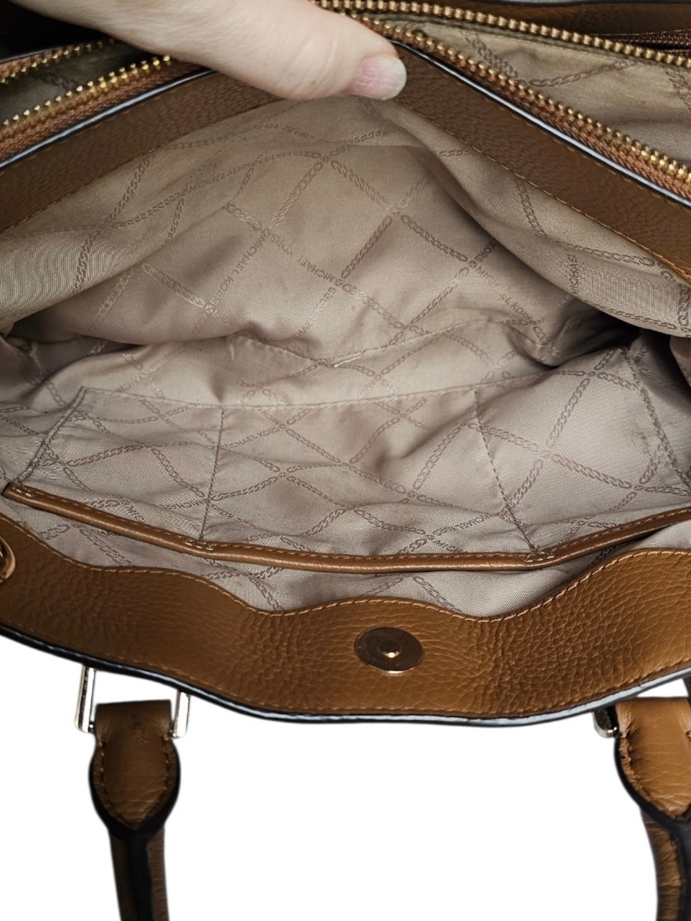 Michael Kors Brown Logo-Print Satchel with Tan Handles and Gold Hardware - Picture 4 of 8